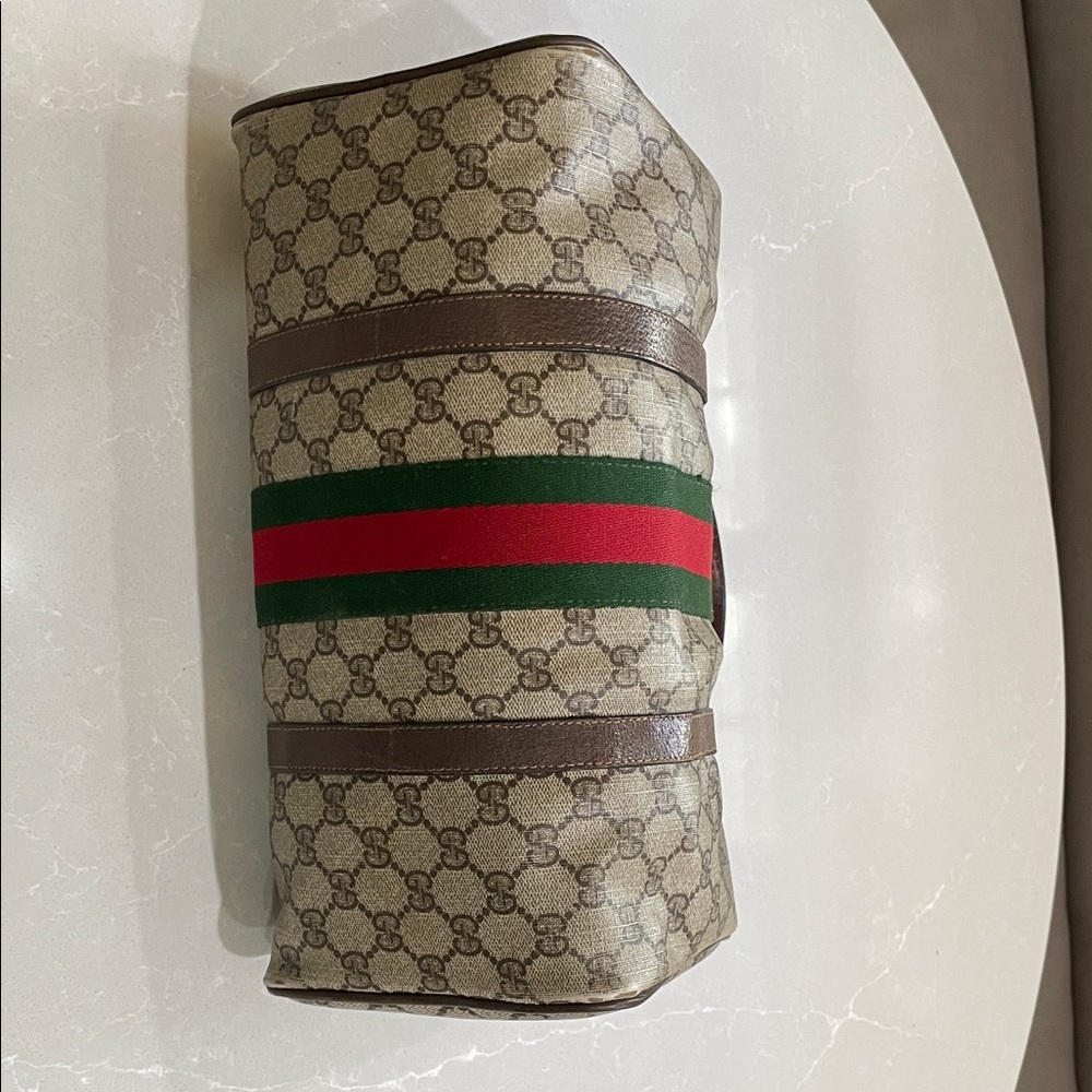 Vintage Gucci Tan and Brown Duffel Bag with Green and Red Stripe - Picture 8 of 11